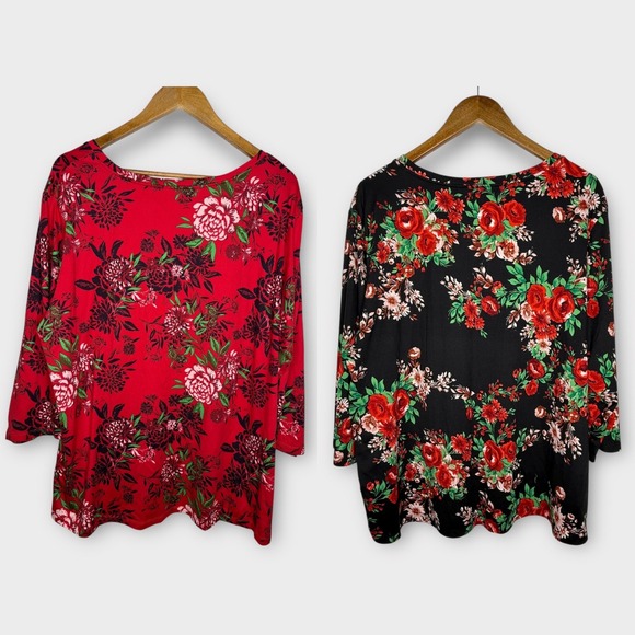 2 Pioneer Woman Bold Floral V Neck‎ Soft Red Black Country Floral Tops Shirts 3X - Picture 2 of 4